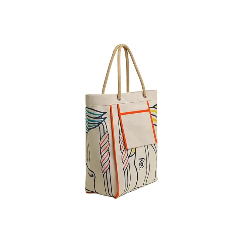 HERMES Medaille Quadrige 100% Cotton Beach Bag, Tote Bag, Shopping Bag, Handbag Women's Blue & Yellow & Pink-1
