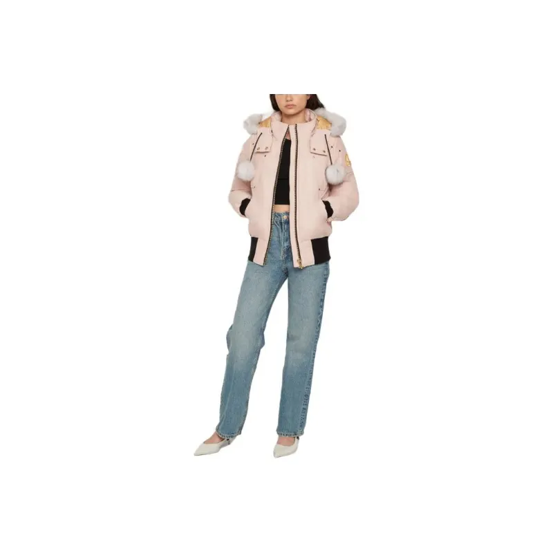 Moose Knuckles Gold Debbie Bomber Shearling Down Jacket Coat Women's Pink-0
