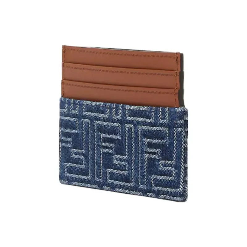 FENDI FF Cotton With Cow Leather Card Holder Unisex Blue-1
