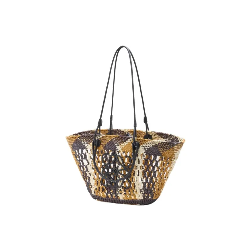 LOEWE Anagram Basket Iraci Palm Tote Bag, Shopping Bag, Shoulder Bag, Handbag Medium Size Women's Chocolate & Yellow-1