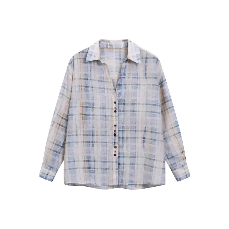 QISENYAR Shirt Women's Blue Plaid-0