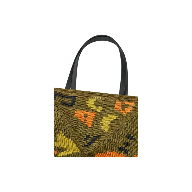 LOEWE Puzzle Fold Raffia With Calfskin Tote Bag, Shopping Bag, Handbag, Shoulder Bag Tubas Women's Olive Green-6
