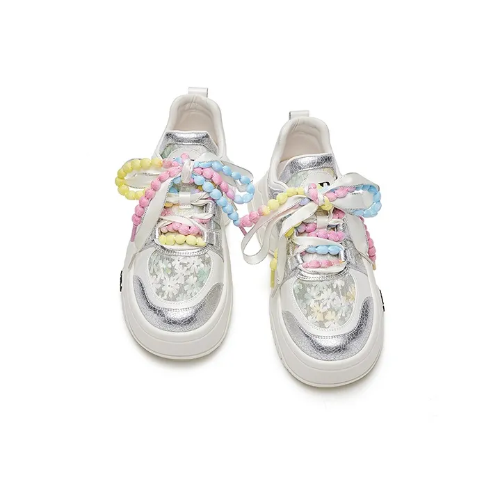 HR Breathable Low Top Chunky Sneakers Women's White Silver-2
