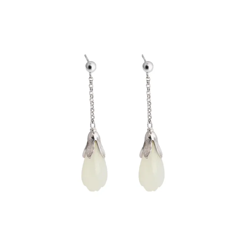 HENGTAIZHUBAO Hetian Jade Earrings Pale Greenish White Jade Women's-0
