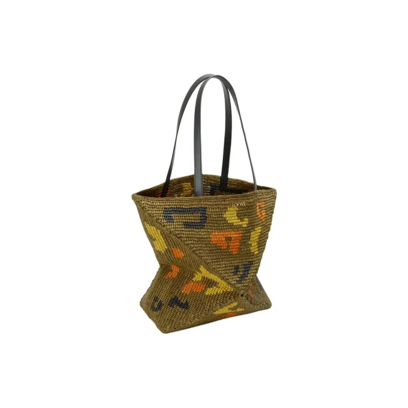 LOEWE Puzzle Fold Raffia With Calfskin Tote Bag, Shopping Bag, Handbag, Shoulder Bag Tubas Women's Olive Green-1
