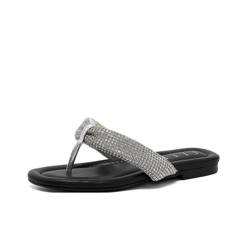 ELLE Rhinestone Flip Flops Women's Black Silver-1