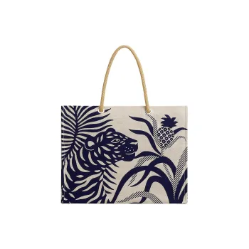 HERMES Tigre A L'Ananas Cotton Beach Bag, Tote Bag, Shopping Bag, Handbag Women's Dark Marine Blue