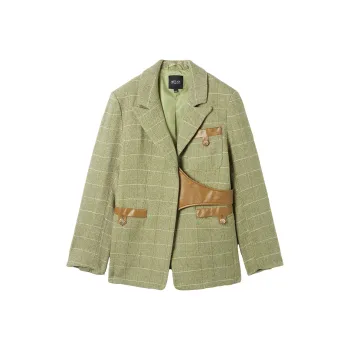 MEETLADY Business Suits Women's Khaki Green Plaid