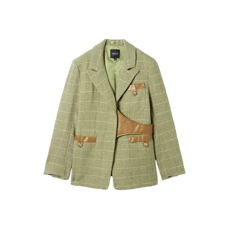 MEETLADY Business Suits Women's Khaki Green Plaid-0