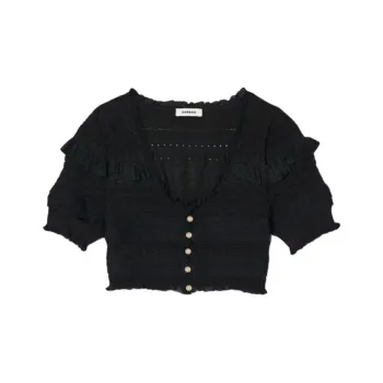 Sandro Ruffled Pointelle-knit Cropped Cardigan