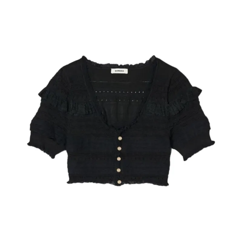 Sandro Ruffled Pointelle-knit Cropped Cardigan-0
