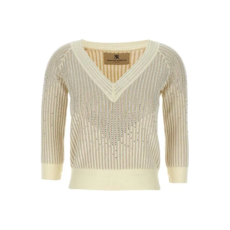 ERMANNO SCERVINO V Neck Rhinestone Embellished Sweater-0