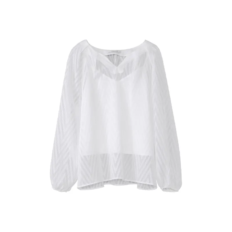 Fstudio Early Spring Korean Style Small V Neck Ambient Long Sleeved Two Piece Set Shirt Women's White-0