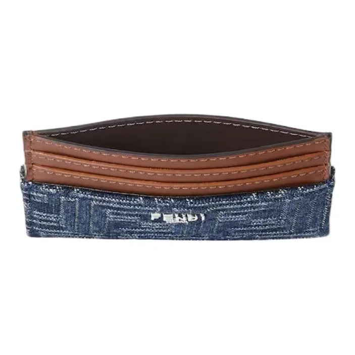 FENDI FF Cotton With Cow Leather Card Holder Unisex Blue-2