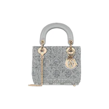 DIOR Lady Dior Silk One Shoulder Handbag Mini Women's Silver
