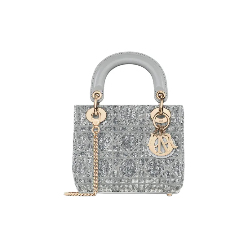 DIOR Lady Dior Silk One Shoulder Handbag Mini Women's Silver-0