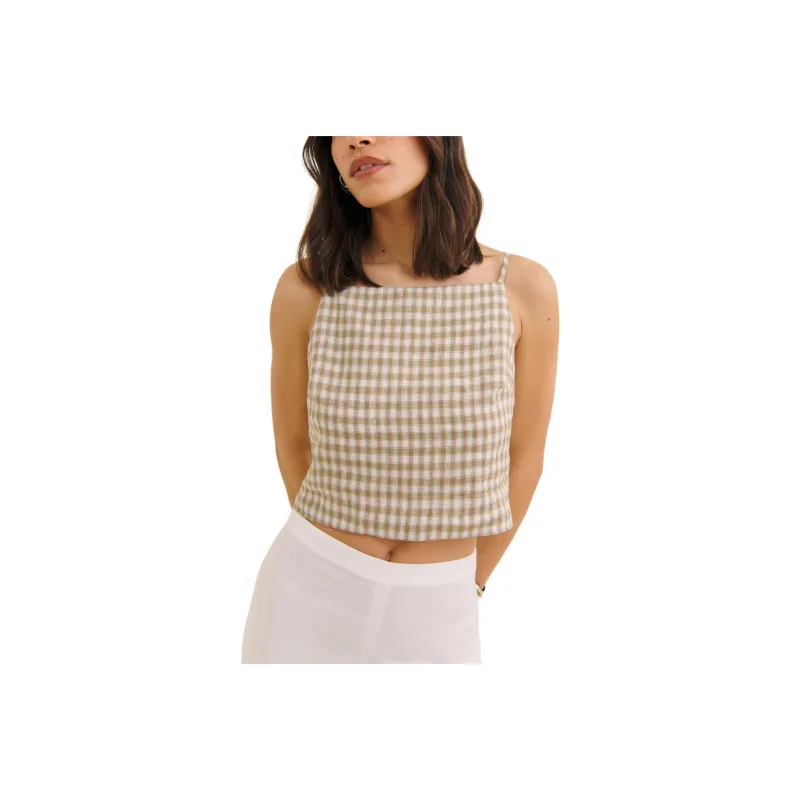REFORMATION Kerri Linen Top Camisole Women's Sand Dune Plaid-0