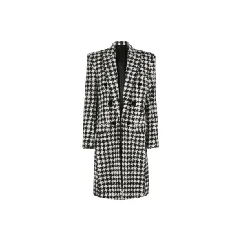 BALMAIN Double Breasted Houndstooth Coat 'Blanc Cassé/Noir'