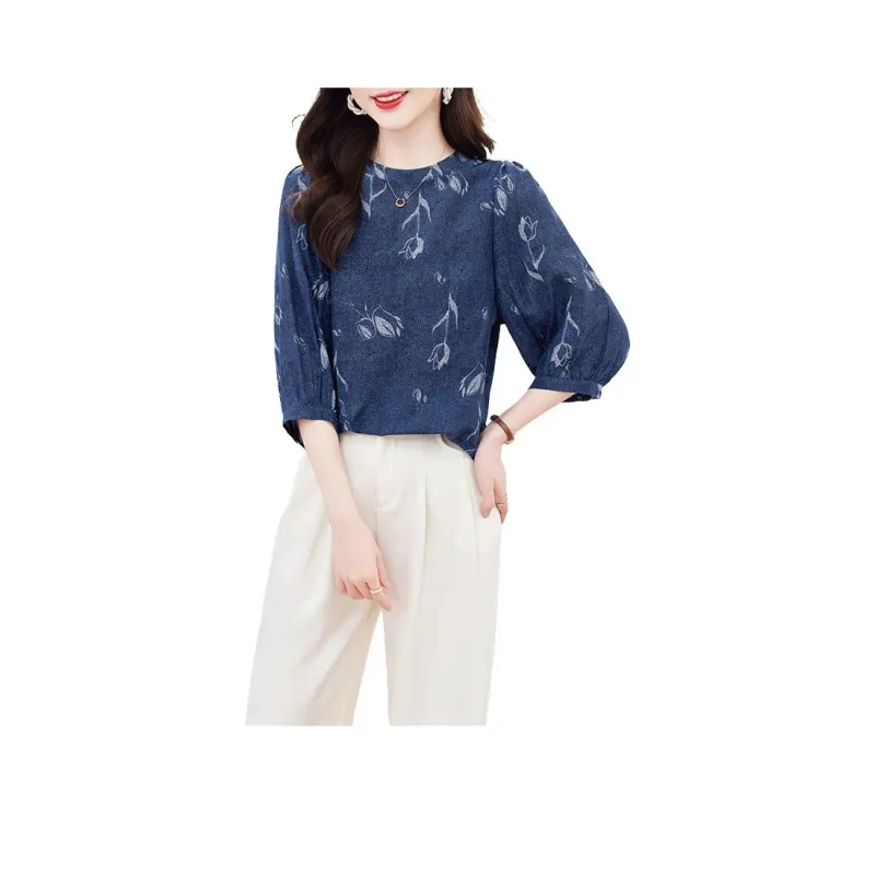 Yi Mengyuan Silk Shirt Women's Denim Blue-0