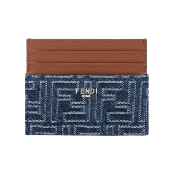 FENDI FF Cotton With Cow Leather Card Holder Unisex Blue
