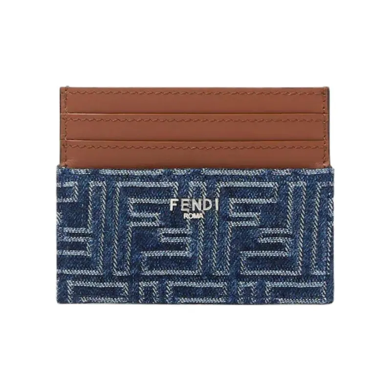 FENDI FF Cotton With Cow Leather Card Holder Unisex Blue-0