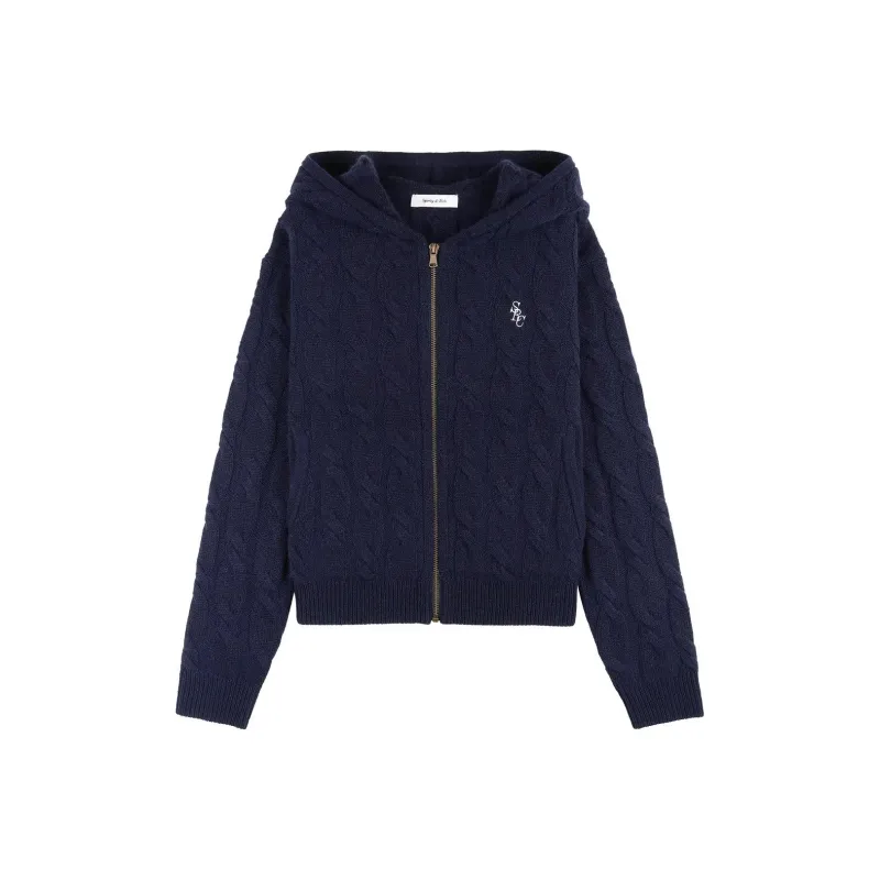 SPORTY & RICH Src Cable knit Cashmere Zip Hoodie 'Navy'-0