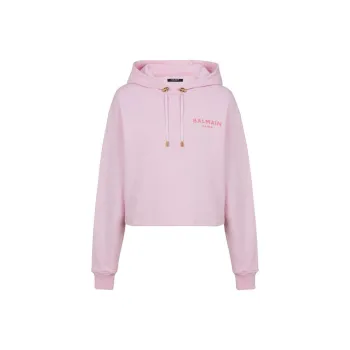 BALMAIN Flocked Logo Cropped Hoodie