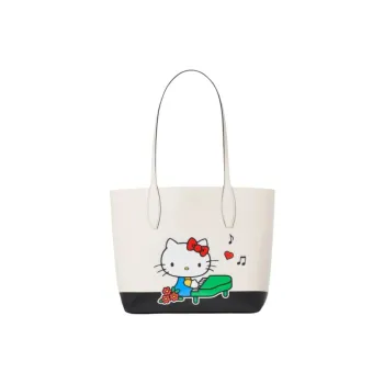 Sanrio Kate Spade Collaboration Grain Leather Tote Bag, Shopping Bag, Handbag Women's Black & White