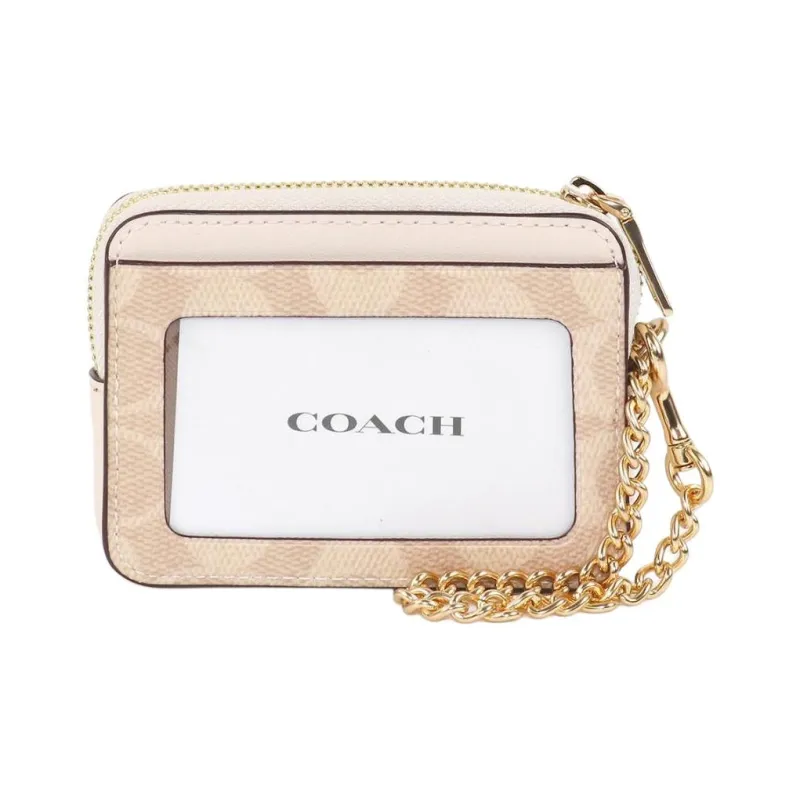 COACH Zip Top Card Case Artificial Leather With Recycled Leather Card Holder Women's Sand Yellow & Chalk White-4