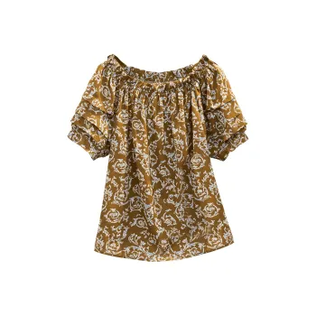 TOUCH Shirt Women's Brown With Blue And White Floral