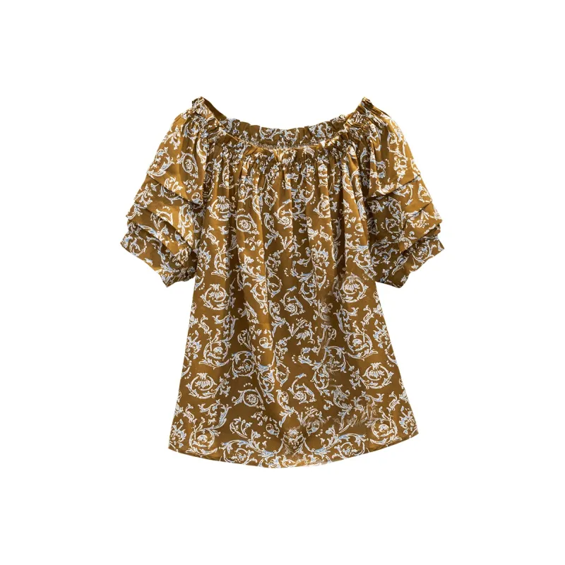 TOUCH Shirt Women's Brown With Blue And White Floral-0