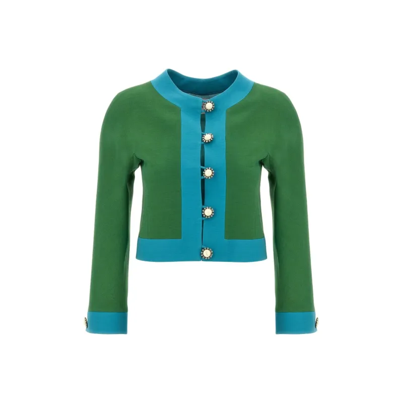 Valentino Crepe Couture Button Embellished Crewneck Blazer-0