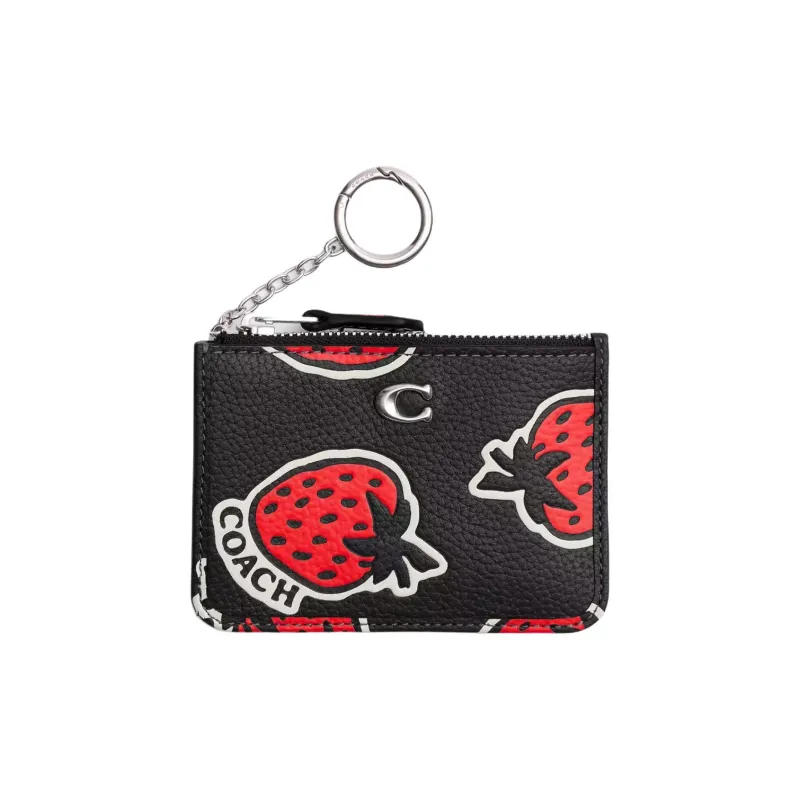 COACH Mini Id Skinny Thin Polished Pebbled Leather Card Holder Mini Women's Black Multicolor-0