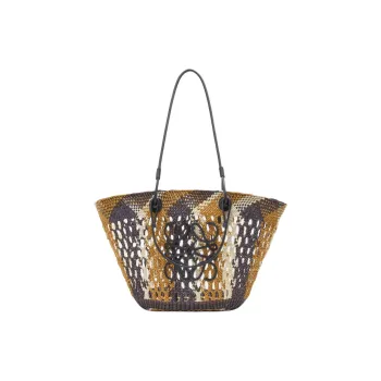 LOEWE Anagram Basket Iraci Palm Tote Bag, Shopping Bag, Shoulder Bag, Handbag Medium Size Women's Chocolate & Yellow