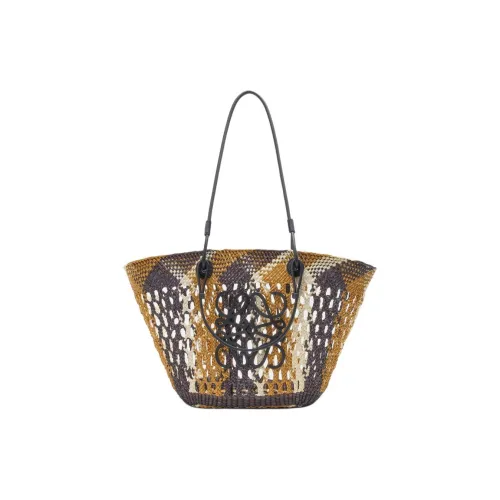 LOEWE Anagram Basket Iraci Palm Tote Bag, Shopping Bag, Shoulder Bag, Handbag Medium Size Women's Chocolate & Yellow