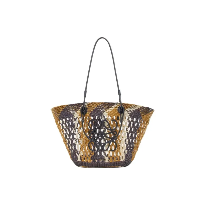 LOEWE Anagram Basket Iraci Palm Tote Bag, Shopping Bag, Shoulder Bag, Handbag Medium Size Women's Chocolate & Yellow-0