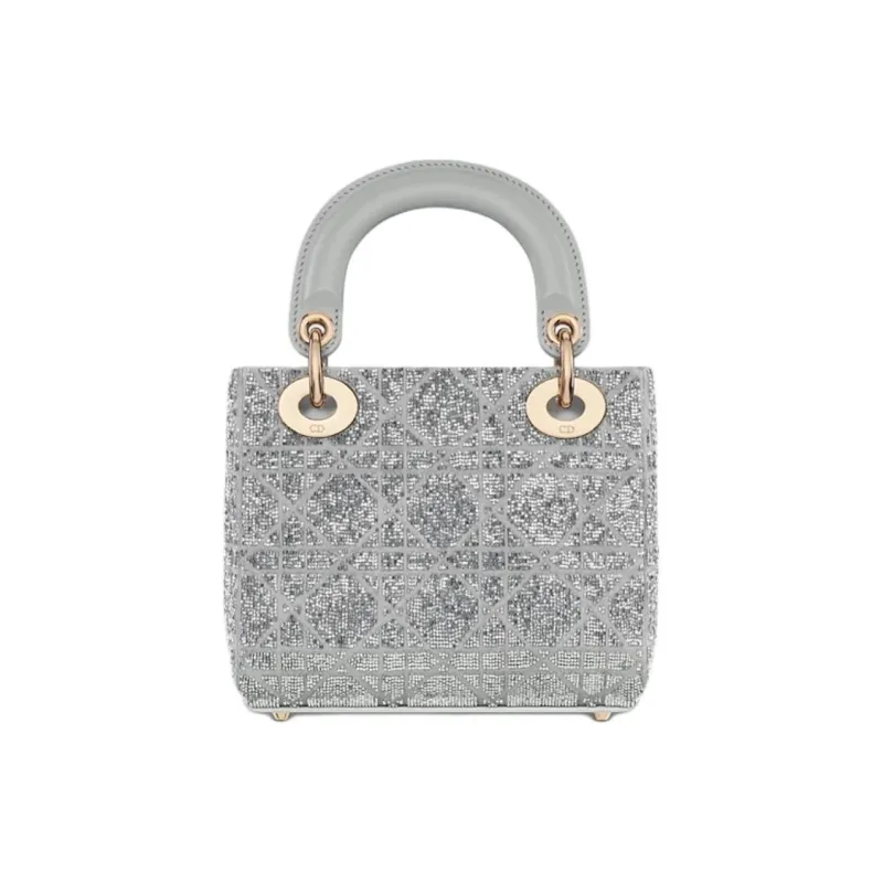 DIOR Lady Dior Silk One Shoulder Handbag Mini Women's Silver-1
