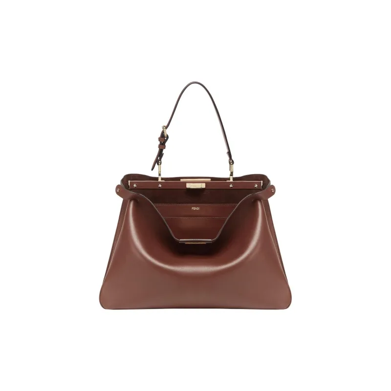FENDI Peekaboo Calfskin One Shoulder Handbag Large Size Women's Brown-0
