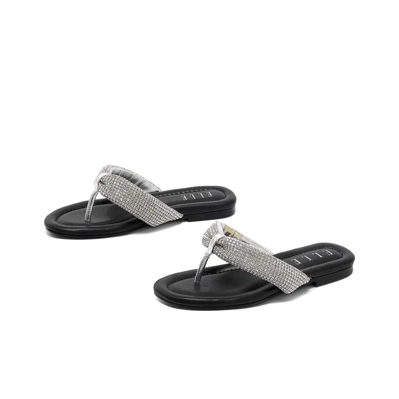 ELLE Rhinestone Flip Flops Women's Black Silver-3