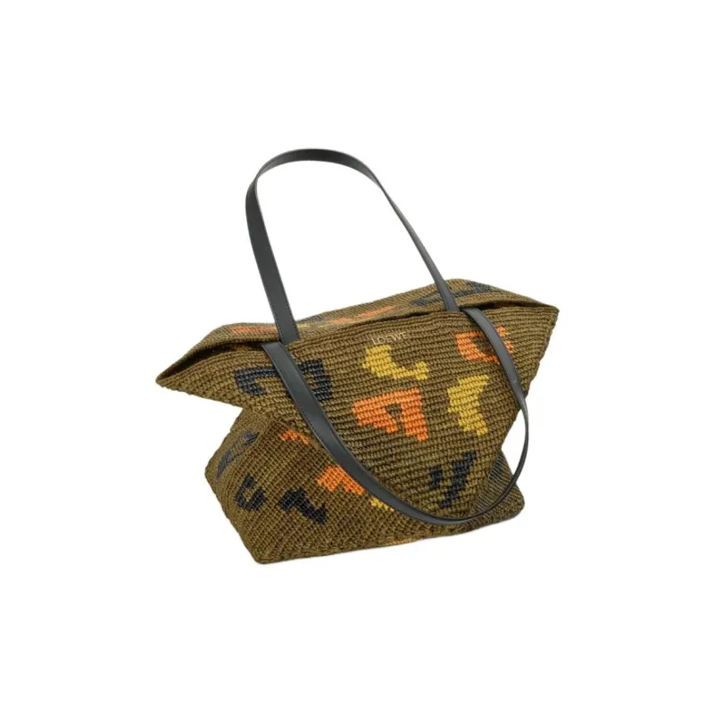 LOEWE Puzzle Fold Raffia With Calfskin Tote Bag, Shopping Bag, Handbag, Shoulder Bag Tubas Women's Olive Green-2