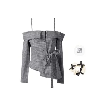 TURN UP Shirt Women's Gray Plaid+Bowknot Hair Tie Comes With