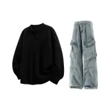 Black Knitwear+Blue Pants