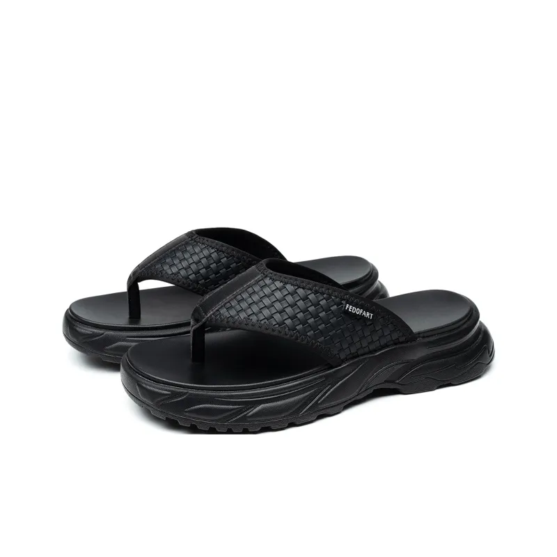 FED EVA Leather Patchwork Slip Resistant Flip Flops Men's Black-4