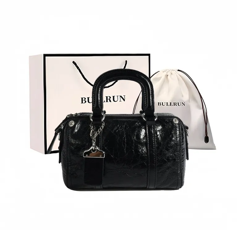 Bullrun Top Grain Cow Leather Boston Bag Handbag Women's Black/Silver/Limestone White-1