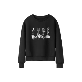 Fstudio Korean Petite Crew Neck Print Sweatshirt Women's Black