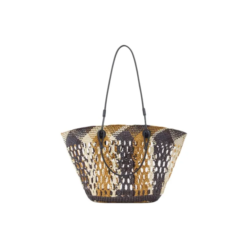 LOEWE Anagram Basket Iraci Palm Tote Bag, Shopping Bag, Shoulder Bag, Handbag Medium Size Women's Chocolate & Yellow-2