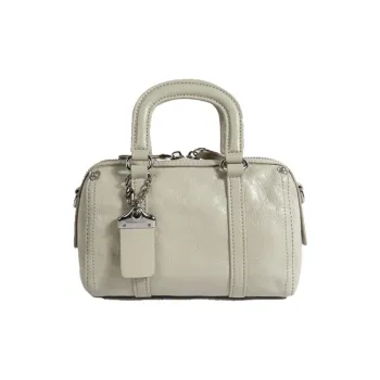 Bullrun Top Grain Cow Leather Boston Bag Handbag Women's Black/Silver/Limestone White