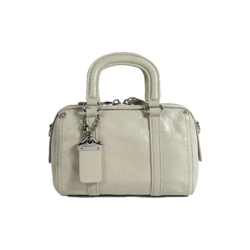 Bullrun Top Grain Cow Leather Boston Bag Handbag Women's Black/Silver/Limestone White