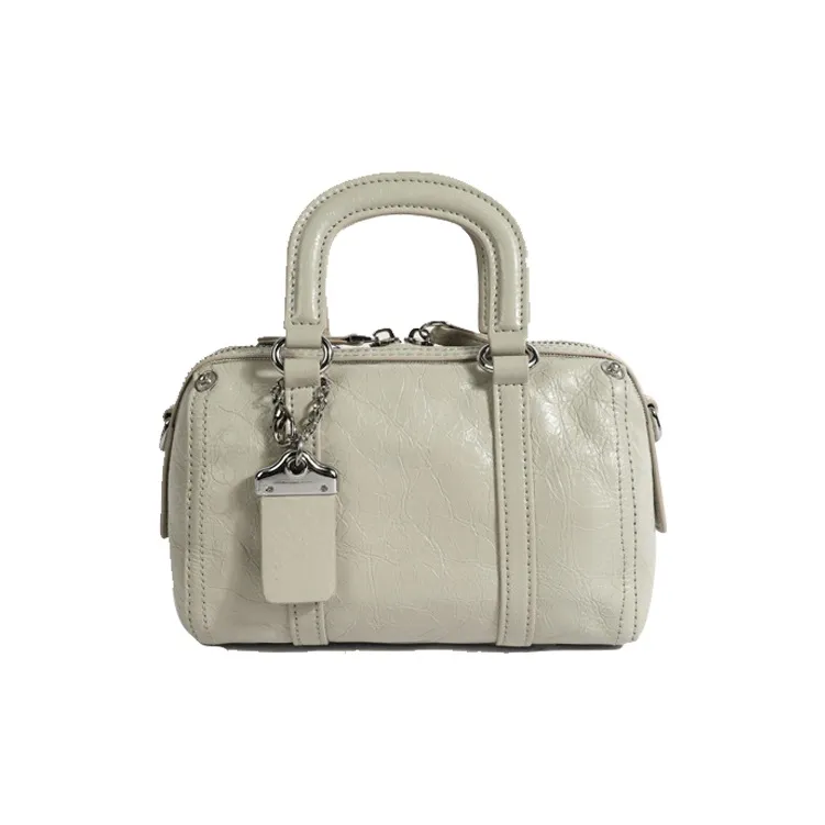Bullrun Top Grain Cow Leather Boston Bag Handbag Women's Black/Silver/Limestone White-4