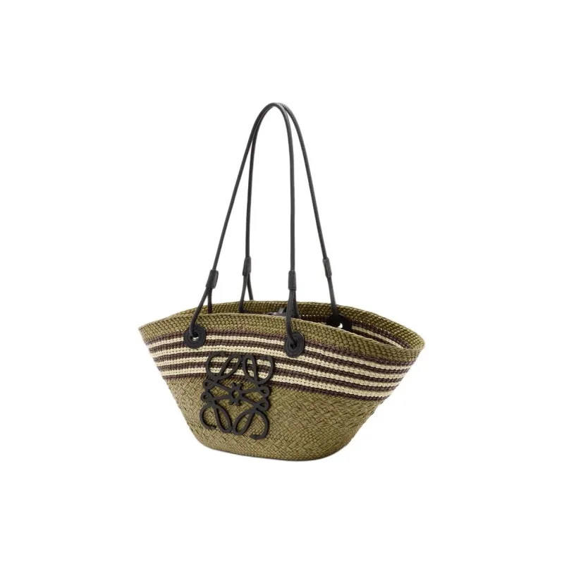 LOEWE Anagram Basket Palm Leaf Shoulder Bag Trumpets Women's Dark Khaki-1